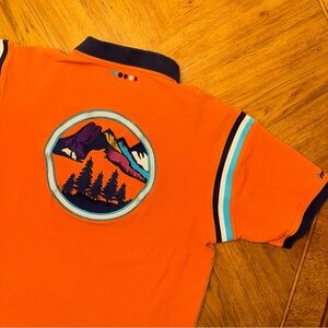 Vintage COOGI Embroidered Polo Shirt Size XL Orange Blue Mountain Scene Y2K Rare